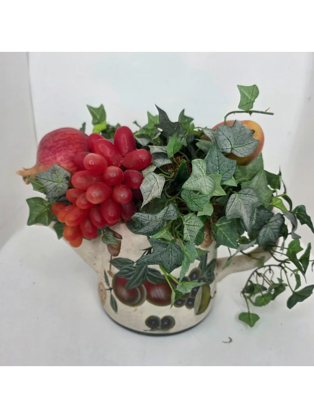 Vintage Faux Fruit Floral Arrangment in Ceramic Grape Pitcher Vase 10